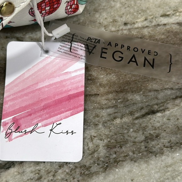 Cherry Disco Ball COSMETICS BAG Zipper Pouch Wristlet NEW Vegan Leather Peta - Picture 7 of 8